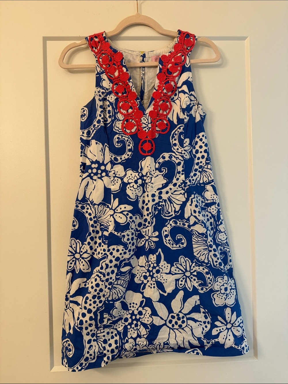Women’s Lilly Pulitzer Blue & White Floral Sundress with Pink Crochet Trim